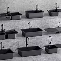 Multiple Black Kitchen Sinks With Various Designs And Drainer Boards On Gray Countertop 3d model