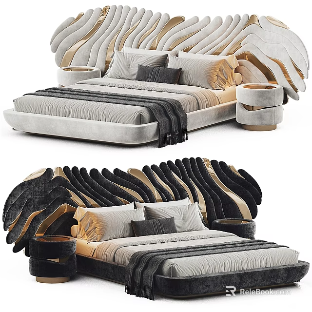 Luxury Modern Bed With Sculptural Gold Accent Headboard Soft Pillows And Blanket 3d model 