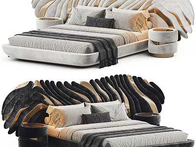 Luxury Modern Bed With Sculptural Gold Accent Headboard Soft Pillows And Blanket 3d model