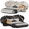 Luxury Modern Bed With Sculptural Gold Accent Headboard Soft Pillows And Blanket