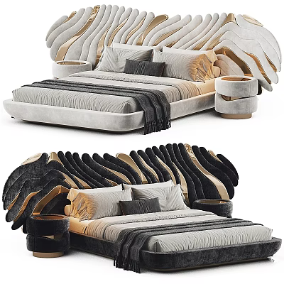 Luxury Modern Bed With Sculptural Gold Accent Headboard Soft Pillows And Blanket 3d model