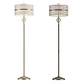 Set Of Two Modern Floor Lamps With Gold Metal Pole And White Striped Lampshade