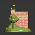 Cartoon Scene Featuring Cat Shaped Pink House With Green Grass Small Trees And Yellow Steps