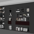 Modern Dark Bookcase Design With Shelves Books Decorative Items And Lighting