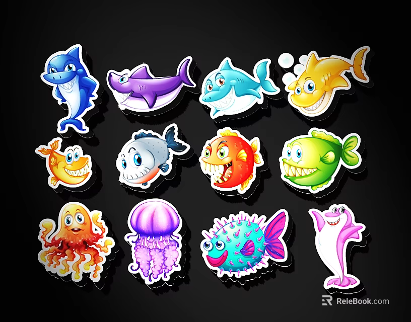 Cartoon Marine Animal Silhouettes With Colorful Designs And Cute Expressions 3d model 