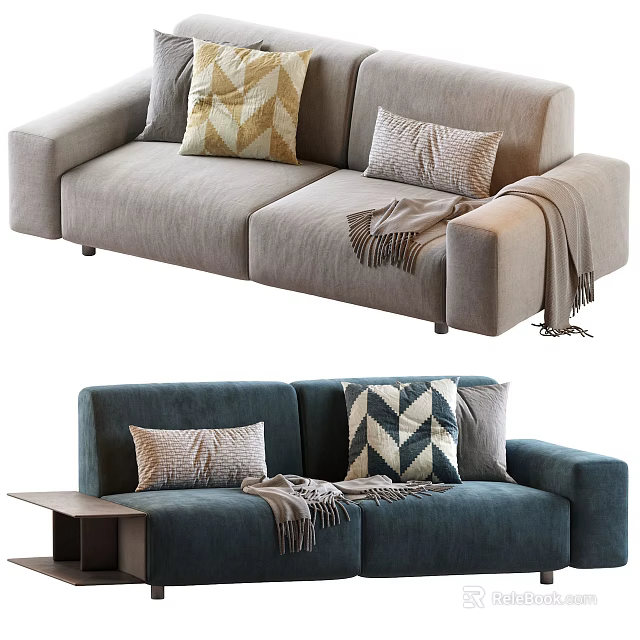 Modern Light Gray and Dark Blue Two-Seater Sofas with Decorative Pillows and Throw Blankets 3d model 