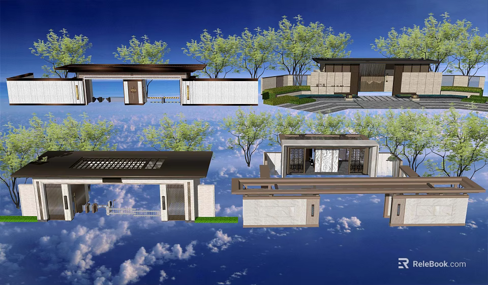 Chinese Style Entrance Gate Architecture With Traditional Roof And Surrounding Trees 3d model 