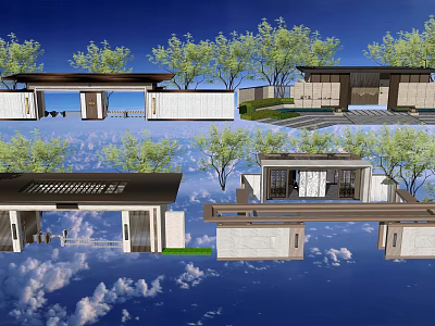 Chinese Style Entrance Gate Architecture With Traditional Roof And Surrounding Trees 3d model