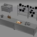 Stainless Steel Kitchen Equipment With Shelves Pots Cutting Board And Ingredients