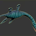 Turquoise Green Striped Plesiosaur 3D Render With Long Neck Blue Flippers And Open Mouth