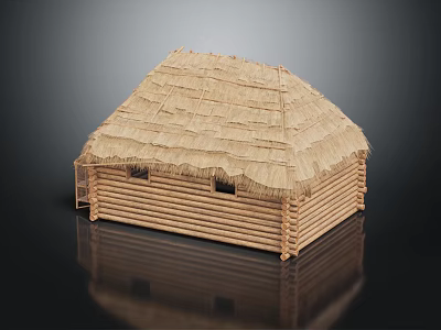 Traditional Wooden Cabin With Thatch Roof Small Windows And Wooden Walls 3d model