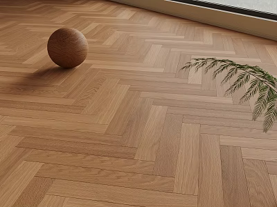 Herringbone Pattern Wooden Floor Interior With Natural Texture Wooden Ball And Green Plant Decor 3d model
