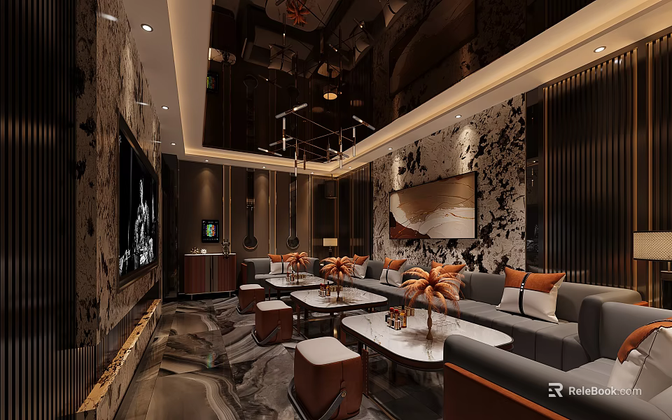 Modern KTV Interior Design With Luxury Sofa LED Lighting Coffee Tables And Wall Art 3d model 