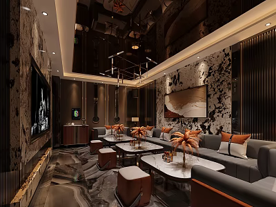 Modern KTV Interior Design With Luxury Sofa LED Lighting Coffee Tables And Wall Art 3d model