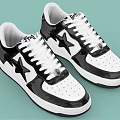 Black and White Star Pattern Glossy Leather Sneakers With White Laces And White Sole