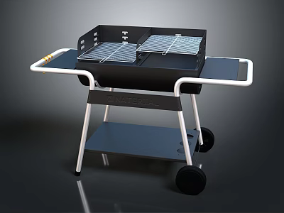 Portable Grill With Two Grilling Grids Black Body White Stand Wheels And Lower Shelf 3d model