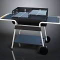 Portable Grill With Two Grilling Grids Black Body White Stand Wheels And Lower Shelf