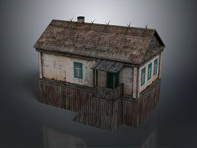 Rural Self Built Traditional House with Weathered Tile Roof Green Windows Wooden Fence Small Stairs 3d model