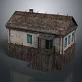 Rural Self Built Traditional House with Weathered Tile Roof Green Windows Wooden Fence Small Stairs
