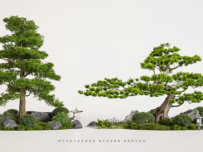 Japanese Garden Landscape With Pine Trees Stone Arrangement Green Shrubs And Miniature Pavilion 3d model