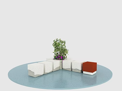 Outdoor Chair Set with White Red Blocks and Green Plant on Circular Platform 3d model