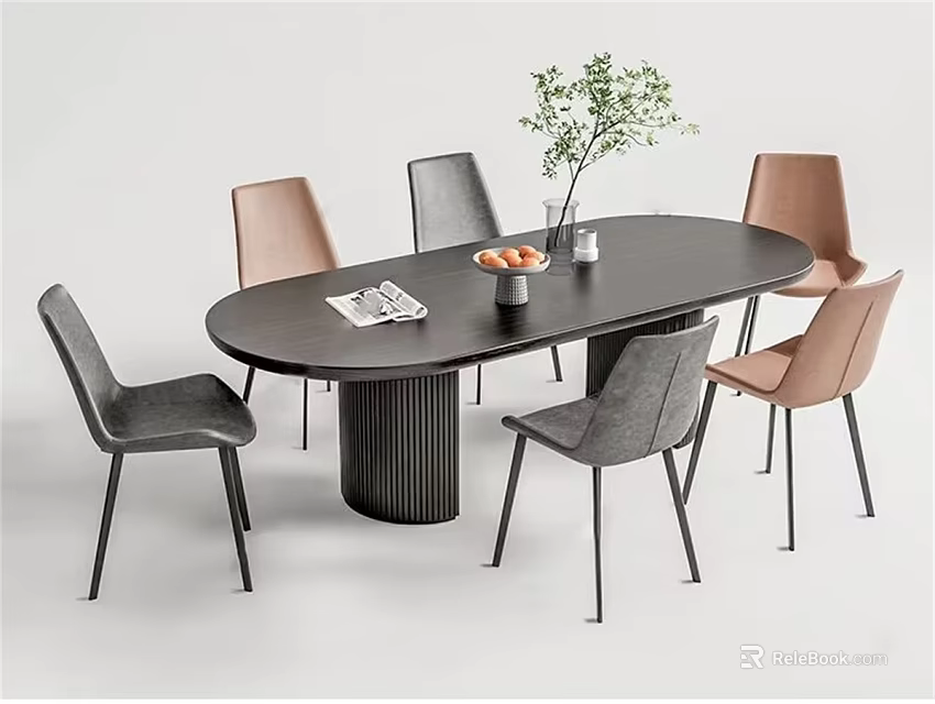 Modern Dining Table Set with Oval Dark Wood Top and Gray Pink Chairs Decorative Plant 3d model 