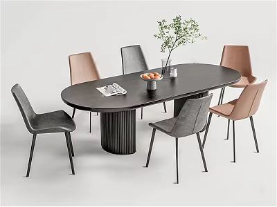 Modern Dining Table Set with Oval Dark Wood Top and Gray Pink Chairs Decorative Plant 3d model