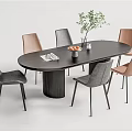 Modern Dining Table Set with Oval Dark Wood Top and Gray Pink Chairs Decorative Plant