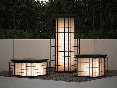 Modern Outdoor Lights With Grid Design Black Frame Illuminated In Garden Patio Greenery Stone Wall 3d model