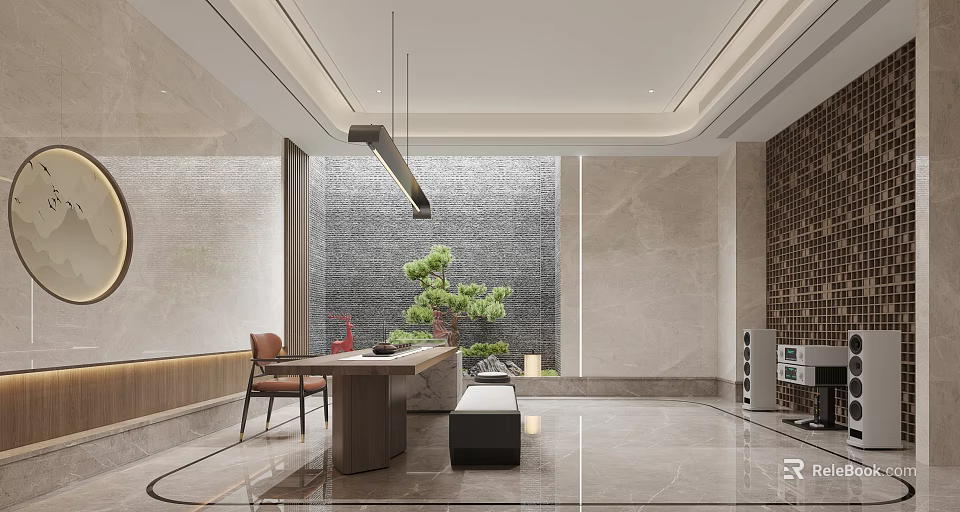 Modern Tea Room Interior Design With Marble Tea Table Wooden Chairs And Pine Tree 3d model 