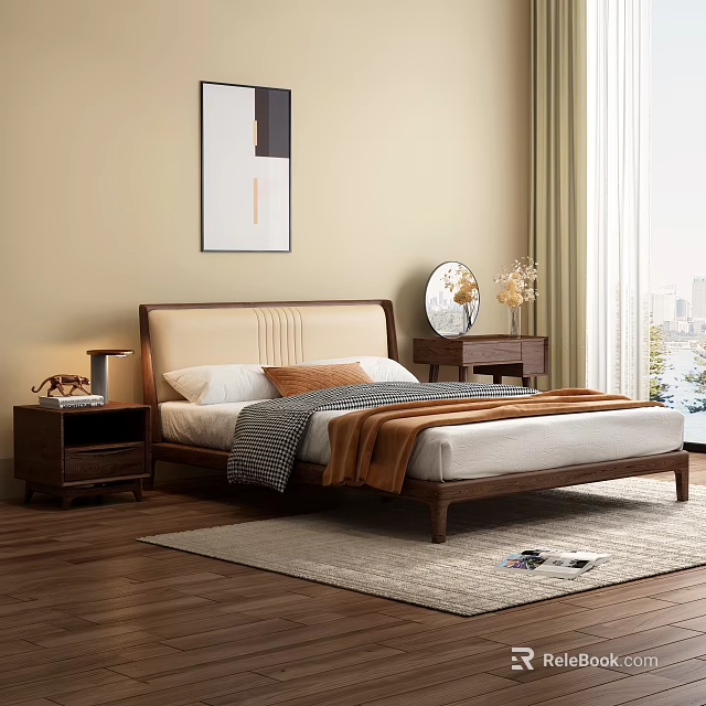 Modern Wooden Double Bed In Cozy Bedroom With Bedside Table And Decor 3d model 
