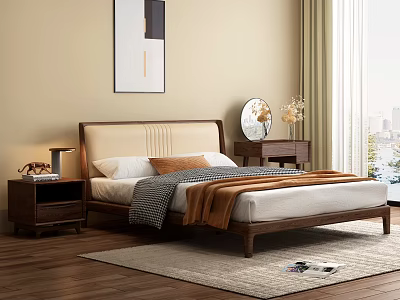 Modern Wooden Double Bed In Cozy Bedroom With Bedside Table And Decor 3d model