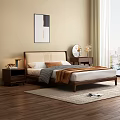 Modern Wooden Double Bed In Cozy Bedroom With Bedside Table And Decor
