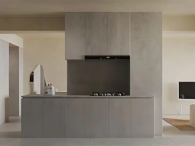 Modern Minimalist Gray Kitchen Interior With Cabinets Cooktop And Range Hood 3d model