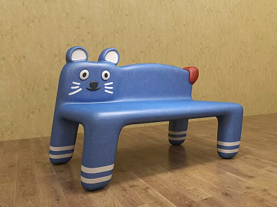 Cat Shaped Blue Public Bench With Ears Eyes Whiskers Red Tail And White Striped Legs 3d model