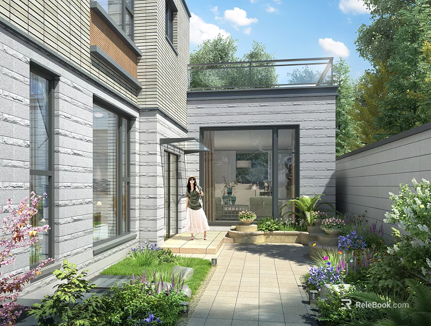 Modern Detached Villa Exterior With Garden Patio Large Windows And Lush Greenery 3d model 