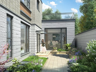 Modern Detached Villa Exterior With Garden Patio Large Windows And Lush Greenery 3d model