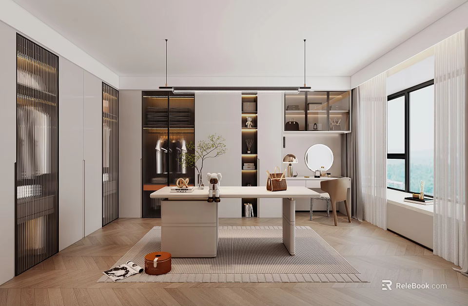 Elegant Modern Walk in Closet Interior With Cabinets Dressing Table And Pendant Lights 3d model
