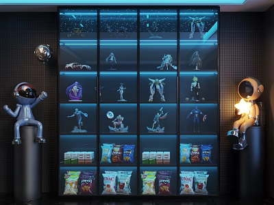 Glass Display Cabinets With Action Figures Models Snacks And Astronaut Dolls In Blue Lighting 3d model