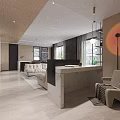Modern Living And Dining Room Interior With Open Marble Countertop Wooden Ceiling Large Windows Sofa