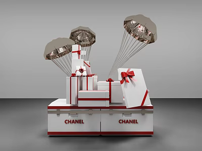 Gift Boxes With Metallic Parachutes And Red Bows On Chanel Display Base 3d model