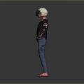 Man wearing black Chevrolet logo T-shirt blue jeans red slippers white helmet on gray background