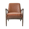 Modern Leather Single Chair with Dark Wood Armrests and Comfortable Cushion