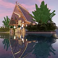 Waterfront Building With Triangular Roof And Large Green Plants By Sunset Sky Reflection 3d model