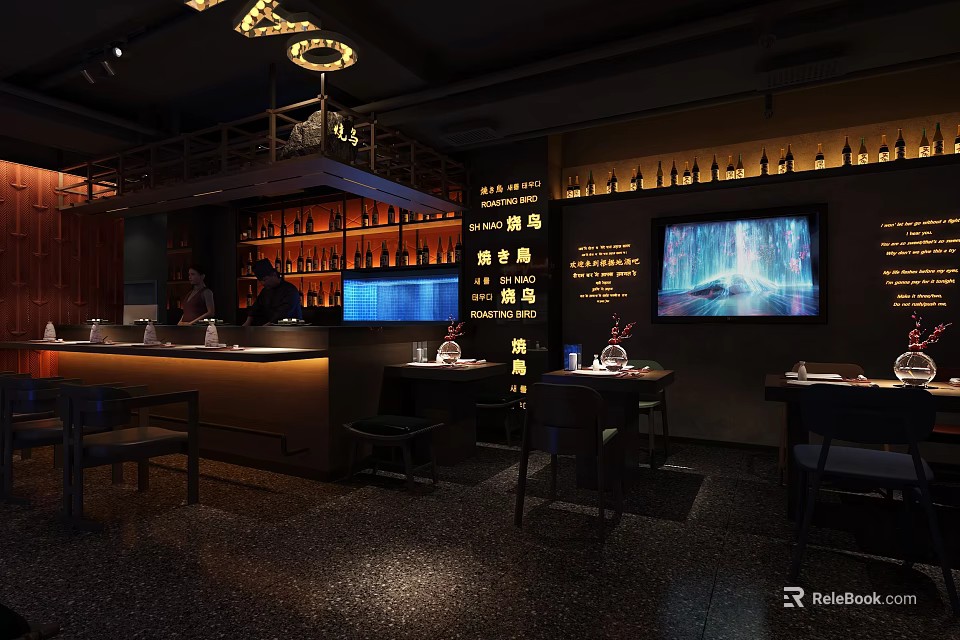 Stylish Bar Interior With Bar Counter Wine Racks Dining Tables And TV Screen 3d model 