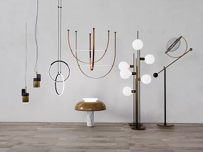 Minimalist Modern Lighting Combination Featuring Pendant Lights Floor Lamps Metal Frames And Glass Balls 3d model