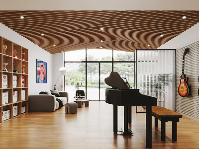 Modern Piano Room With Grand Piano Large Windows And Seating 3d model