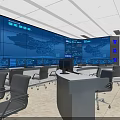 Modern Surveillance Control Room With Multiple Screens World Map Display Control Console And Office Chairs 3d model