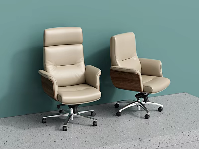 Modern Beige Leather Office Chair With Wooden Accents And Swivel Wheels 3d model
