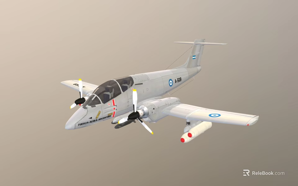 Military Fighter Jet With Twin Propellers Silver Gray Body And Military Insignia 3d model 